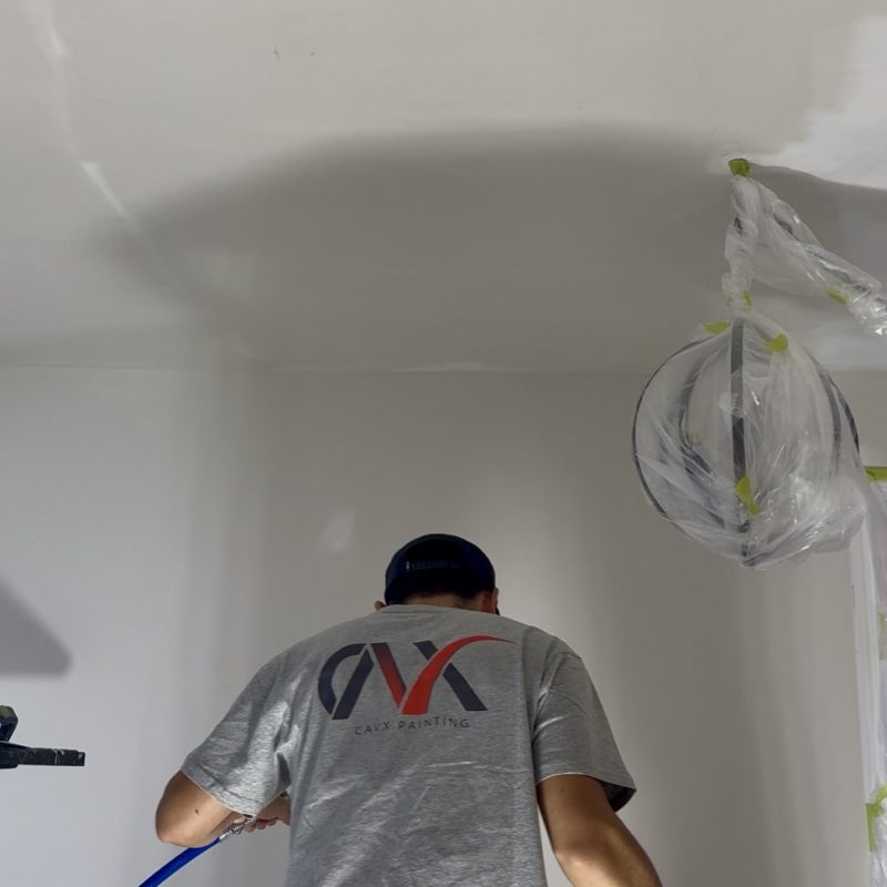Worker spray painting a white ceiling using professional paint equipment.